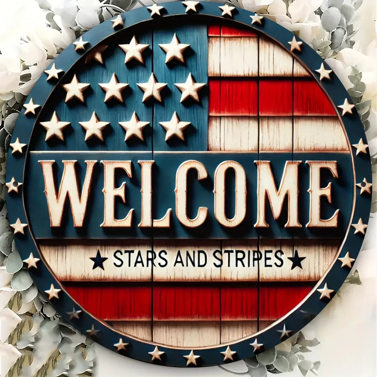 Patriotic Round Metal Welcome Wreath Sign