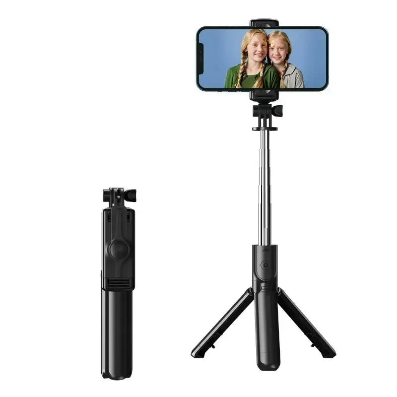 Bluetooth Selfie Stick Tripod in black with phone mounted, shown in extended and folded positions for versatile mobile photography.