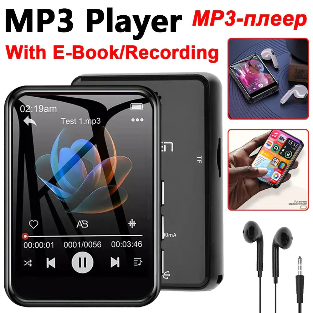 Metal MP3 Player with Bluetooth HiFi and 2.4-inch touch screen, shown with earbuds and E-book/Recording features for portable audio use.