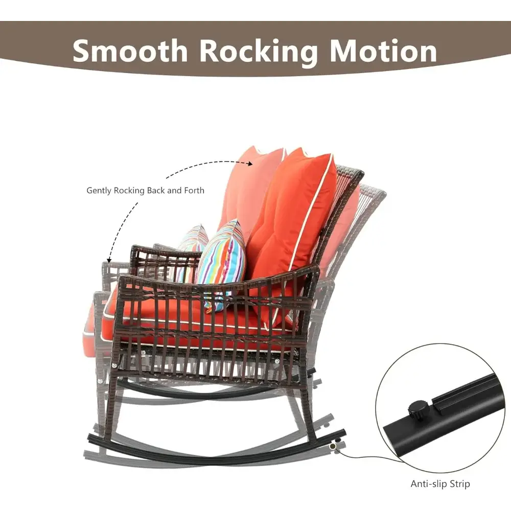 Close-up of rattan rocking chair showing smooth rocking motion and anti-slip strip, part of 3-piece patio furniture set.