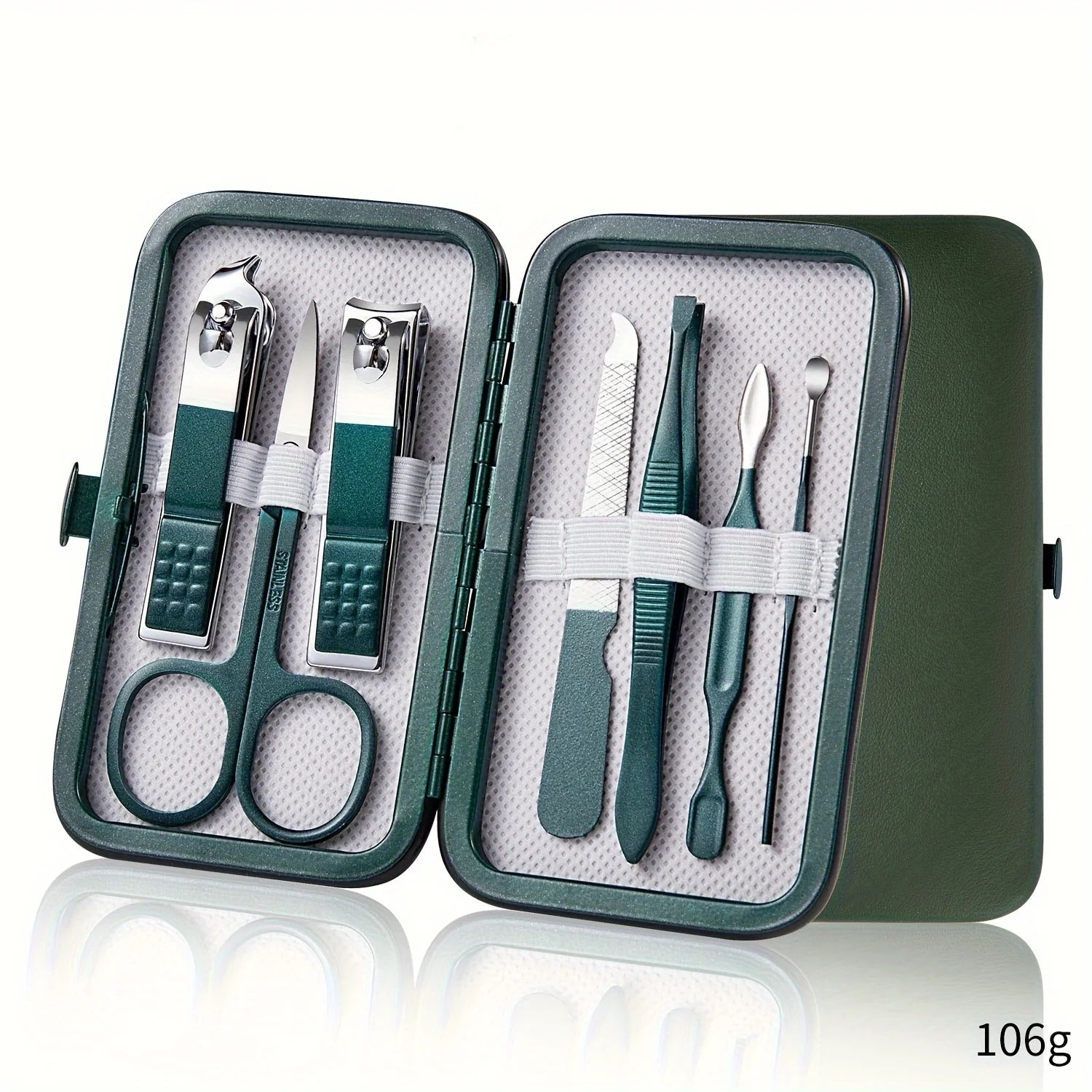 7-piece Nail Care Kit Stainless Steel - Portable Set in green case, labeled 106g. Includes essential tools for basic manicure and pedicure.