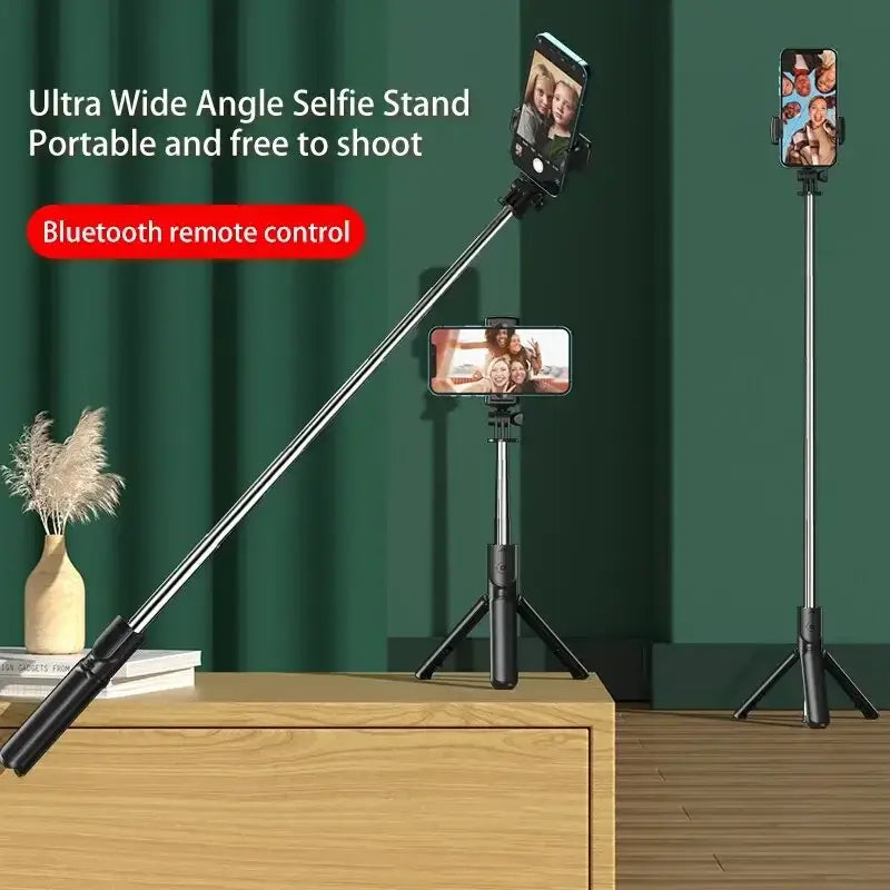 Ultra wide-angle Bluetooth Selfie Stick Tripod fully extended, demonstrating portability and remote shooting for group photos.