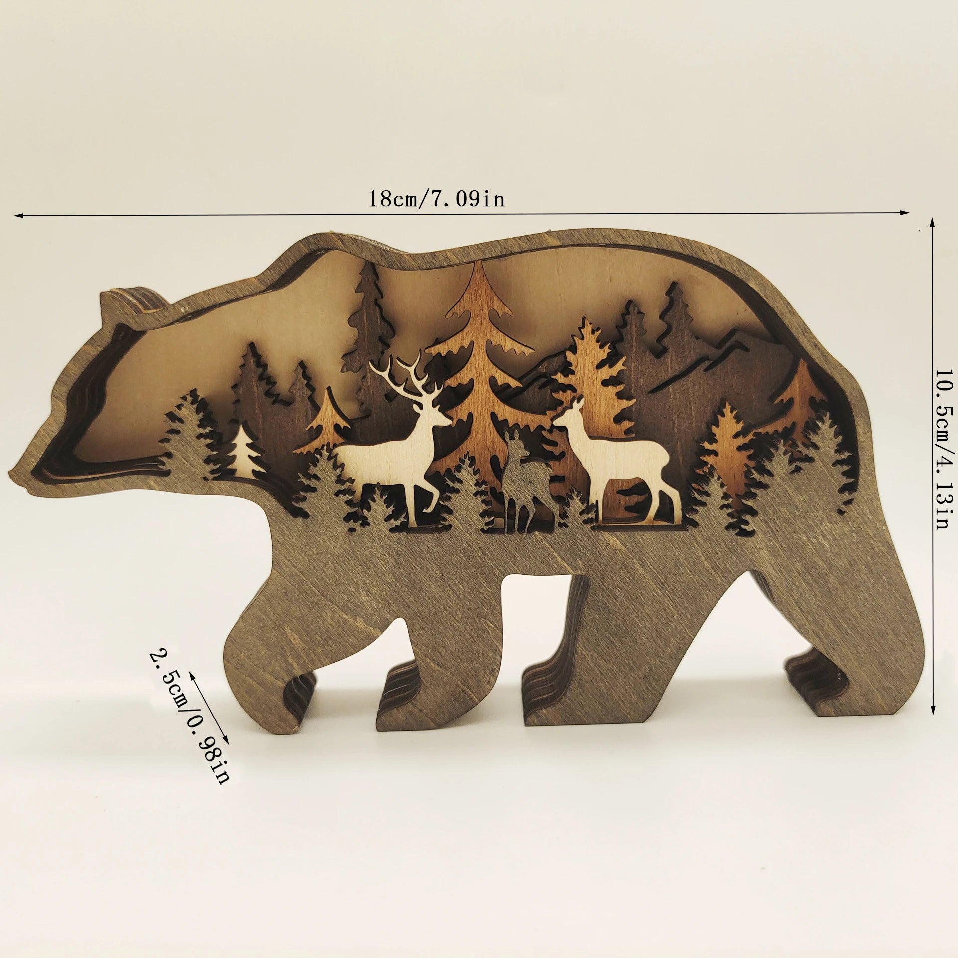 Wooden bear carving with forest scene and deer, showing dimensions 18cm x 10.5cm x 2.5cm, ideal for rustic home décor.