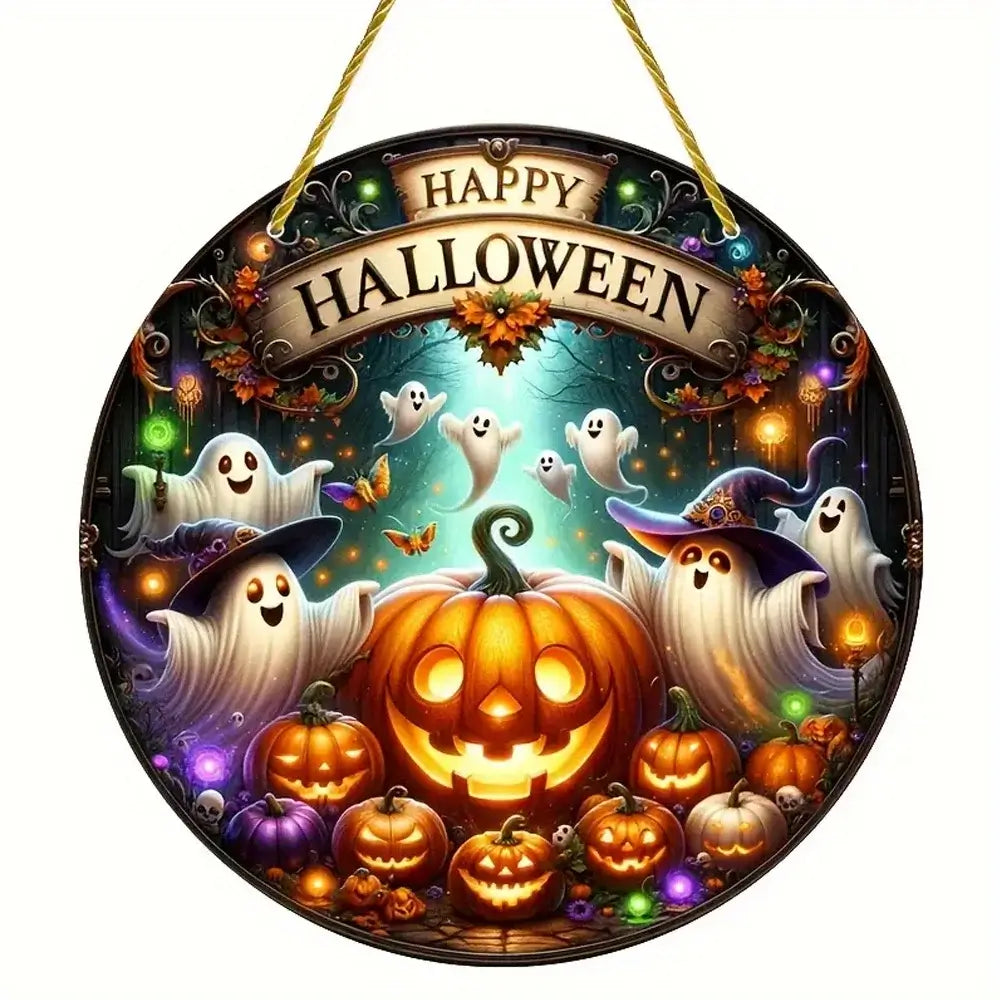 Happy Halloween window decoration with smiling ghosts, pumpkins, and festive colors, great for seasonal home decor.