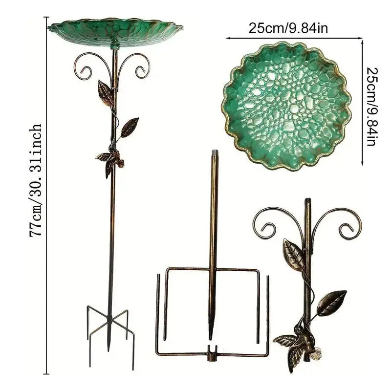 Dimensions of Metal Bird Bath Feeder with 77cm height and 25cm bowl diameter, featuring leaf pattern and adjustable stand.