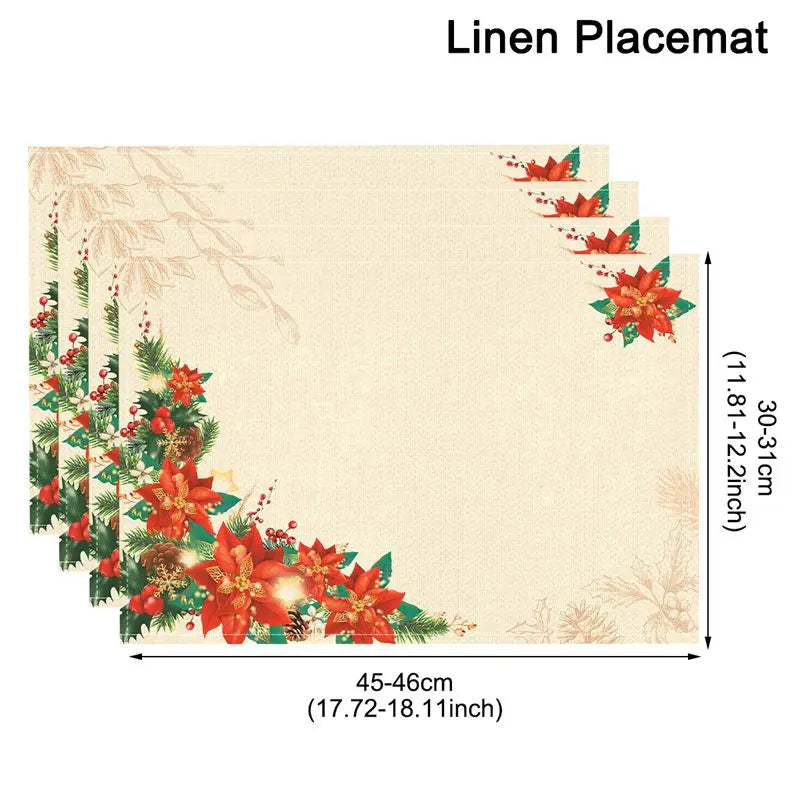Corner poinsettia design Linen Christmas Placemats with beige background. Elegant holiday style in durable linen for festive dining.