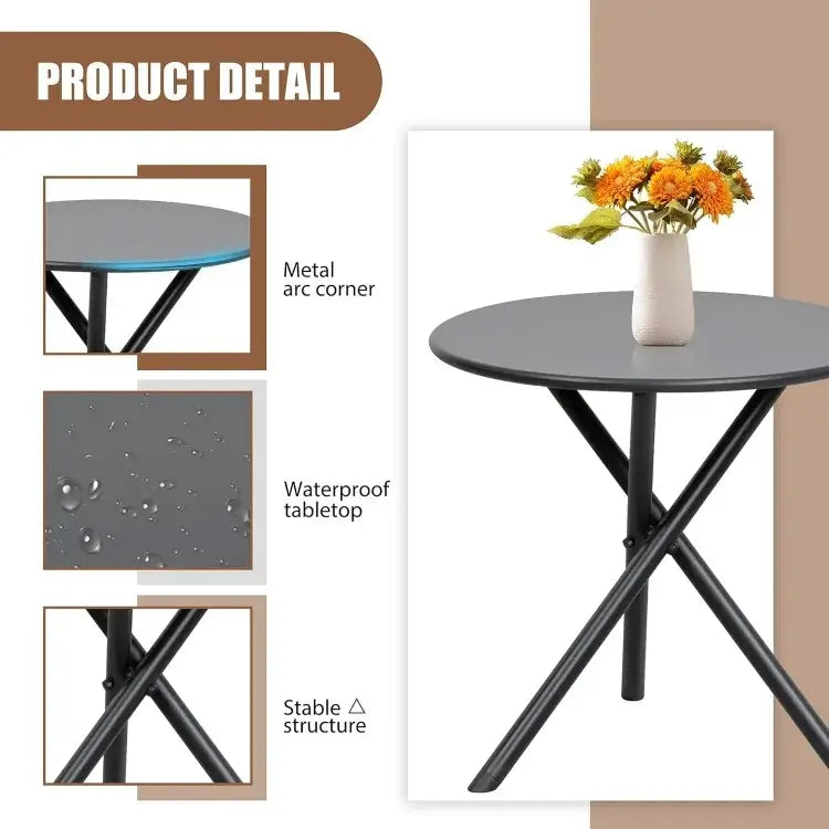 Detail view of the bistro table in the 3 Piece Outdoor Rocking Bistro Set showing waterproof tabletop, metal corners, and stable structure.
