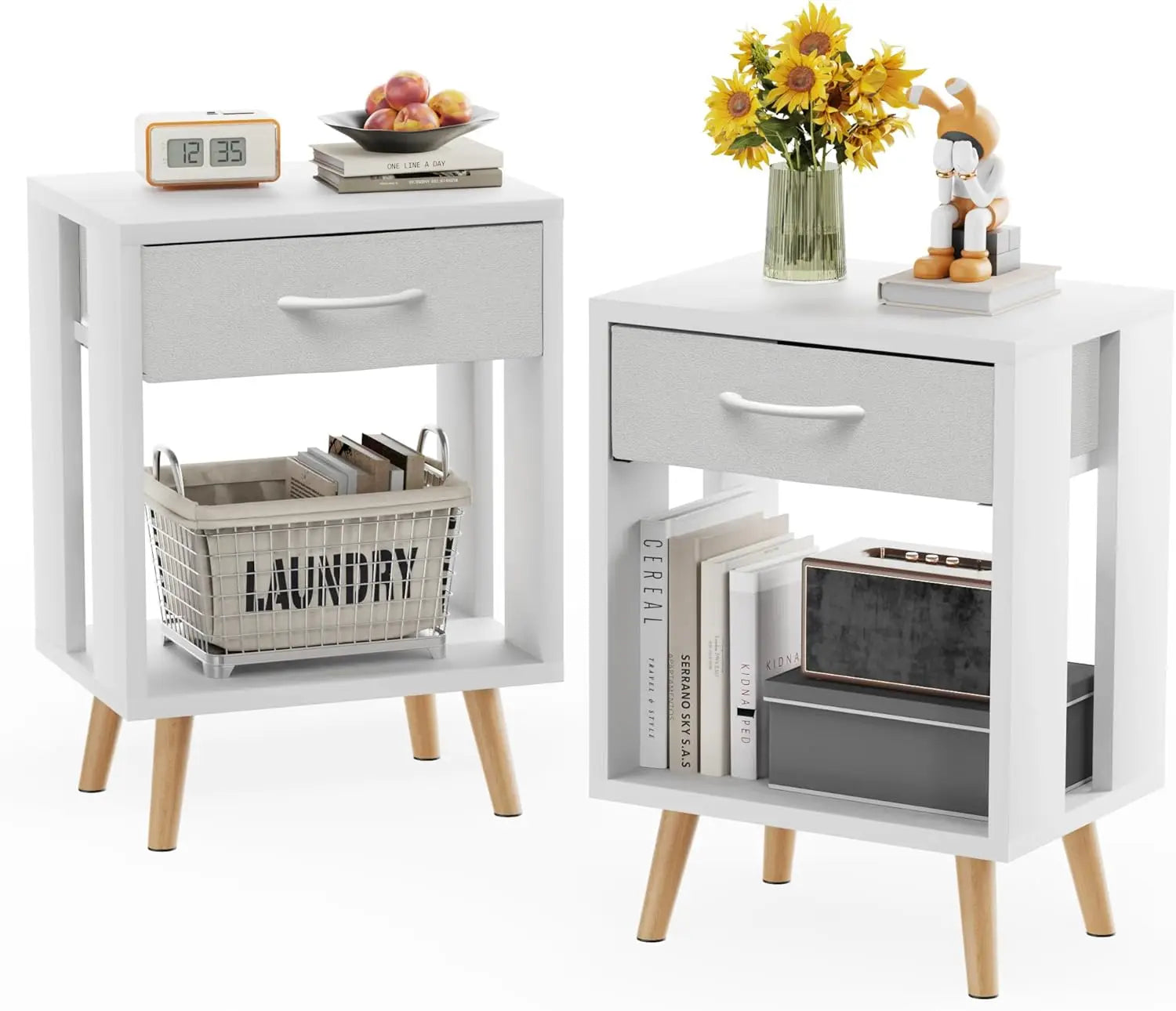 White nightstand set of 2 with light wood legs and fabric drawers. Clean, minimalist design ideal for contemporary bedroom decor.