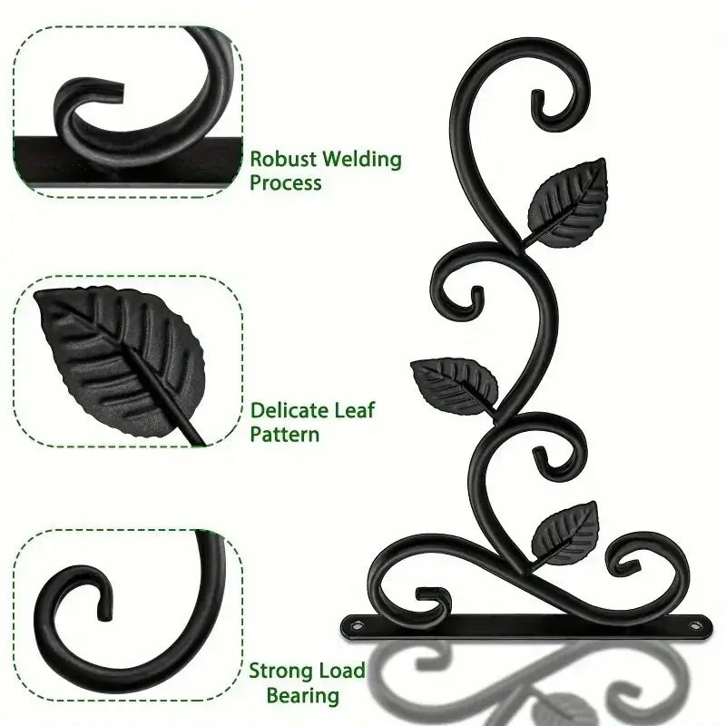 Close-up of rustic wrought iron wall bracket with leaf detailing, showing robust welding, strong load bearing, and elegant design.