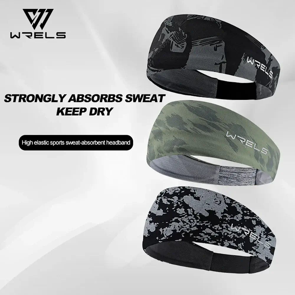 Running Sweat Absorbing Hair Band in three camo styles with WRELS logo, ideal for gym, running, and outdoor sports.