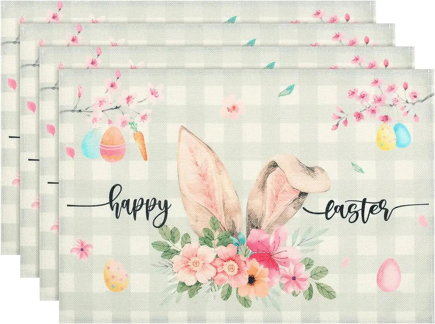 Easter placemats with bunny ears, flowers, and 'Happy Easter' text on a light plaid background. Bright and cheerful design.