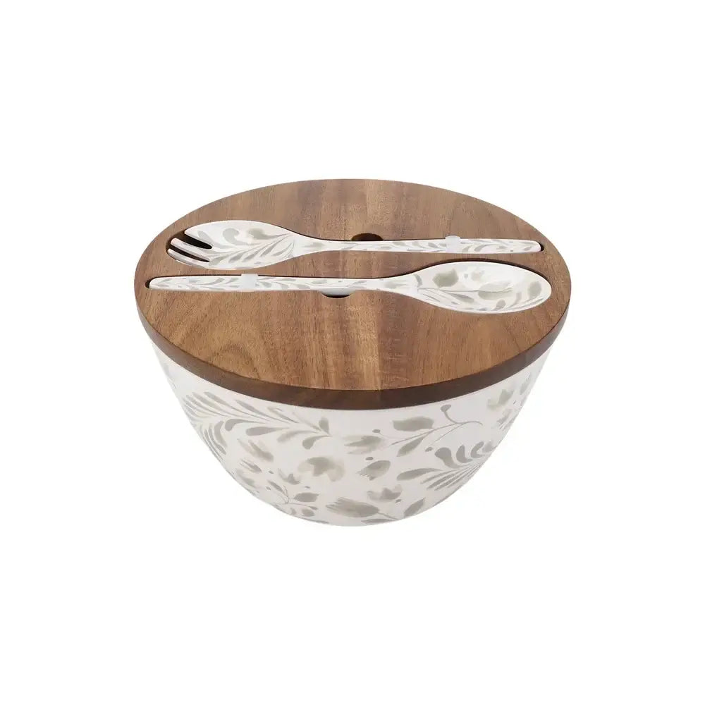 Durable 4 Piece Bamboo Melamine Salad Bowl set featuring a floral-patterned bowl, wooden lid, and coordinating serving utensils.