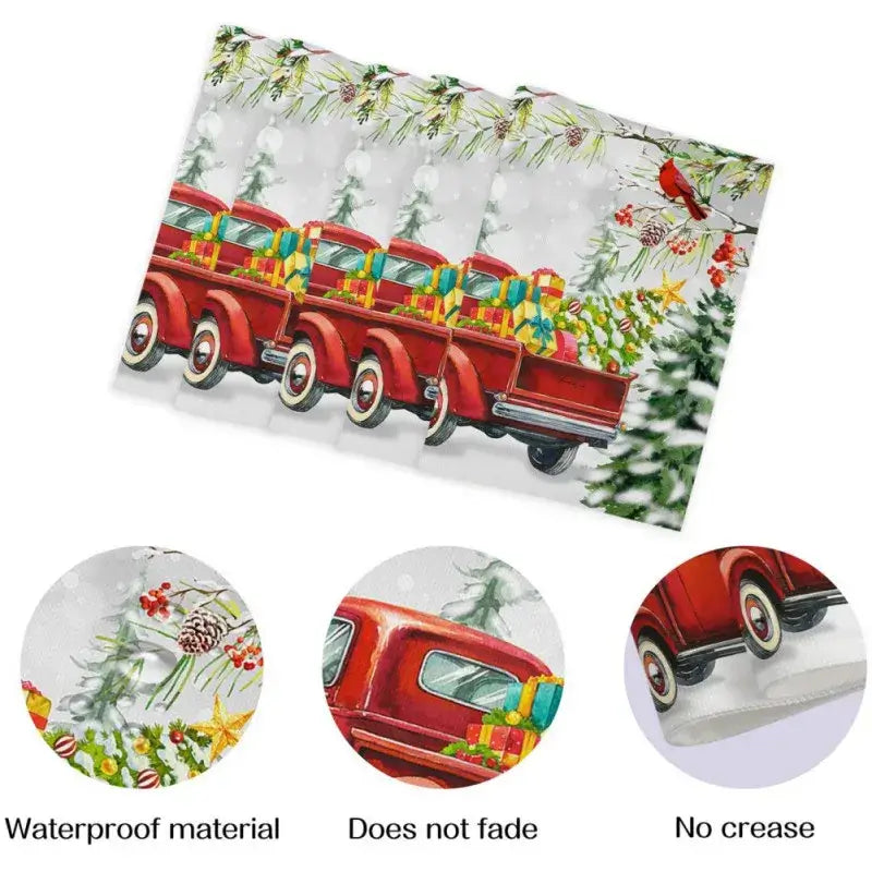 4-piece set of linen placemats featuring red truck with gifts. Water absorbent, fade-resistant, and perfect for holiday decor.