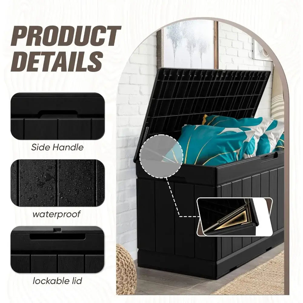 Close-up of 83 Gallon Outdoor Deck Box features including side handle, waterproof surface, and lockable lid for secure storage.