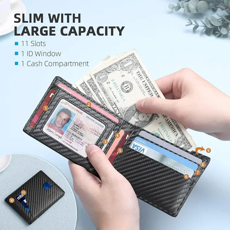 Ultra-thin leather RFID wallet shown open with 11 slots, ID window, and cash compartment, highlighting its slim yet spacious design.