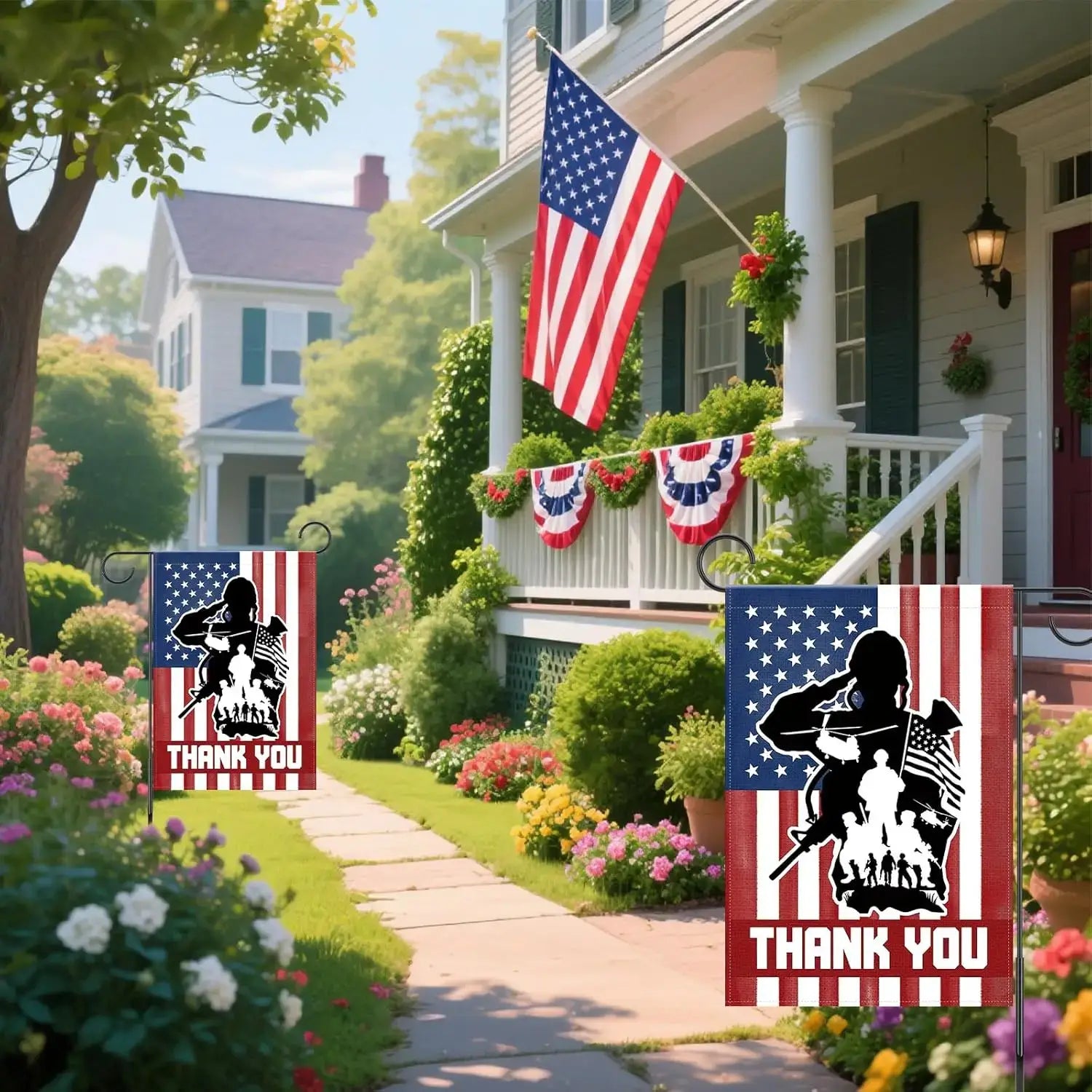 Memorial Day Patriotic Garden Flag 12x18 displayed in a front yard with American-themed decor, perfect for honoring veterans and national pride.