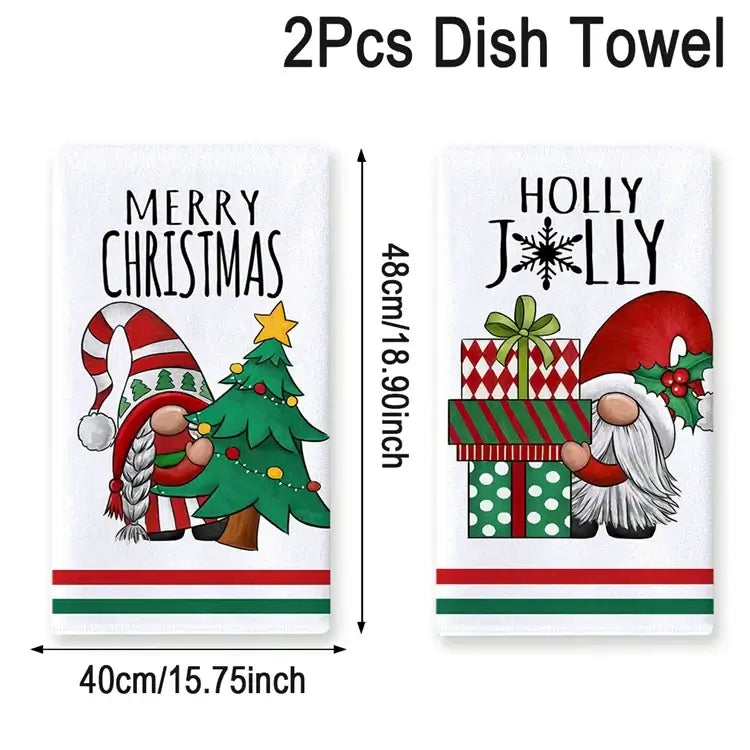 Single Christmas dish towel with green pine tree design on white background. Cotton towel sized 45x66cm for winter kitchen decor.