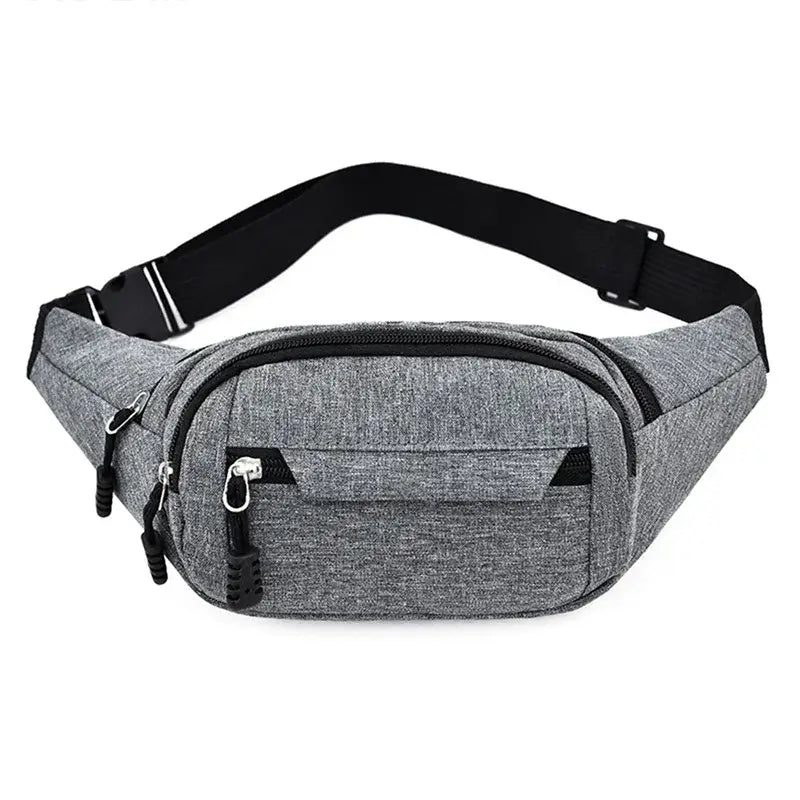 Gray textured fanny bag waist pack with front and top zippers, ideal for secure and stylish daily use.