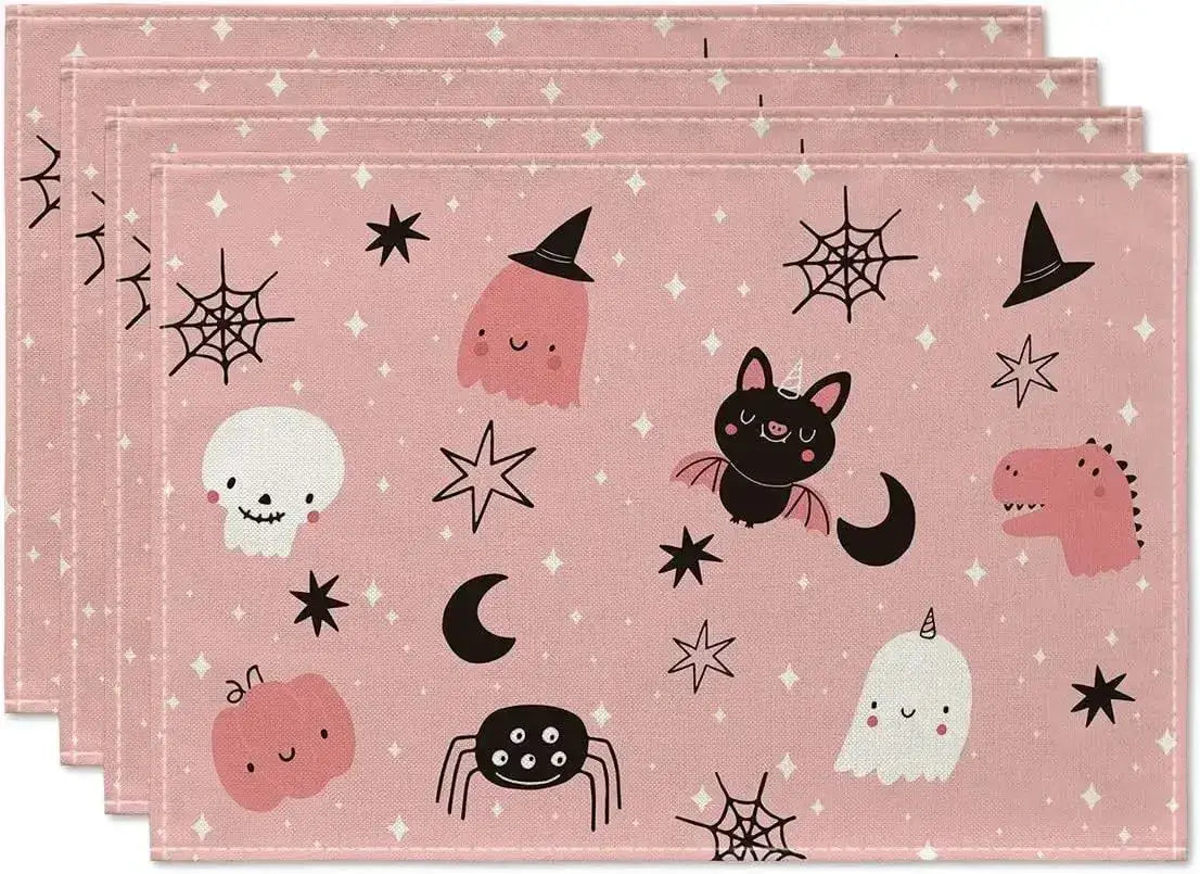 Halloween Table Placemats - Linen 4PCS in pink with cute ghosts, bats, and stars. Kid-friendly Halloween table decor.