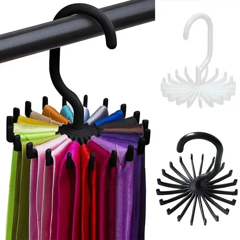 360 Rotatable Tie Rack - Space-Saving Organizer with 20 hooks holding colorful ties, fits over closet rod for efficient storage.