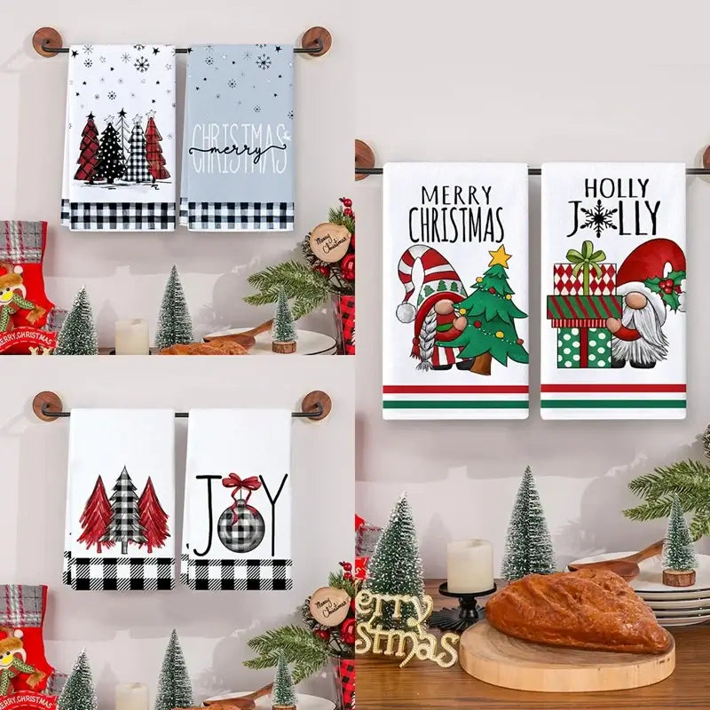 Assorted Christmas kitchen towel sets with festive prints like trees, gnomes, and snowmen. Cotton towels for holiday kitchen decor.