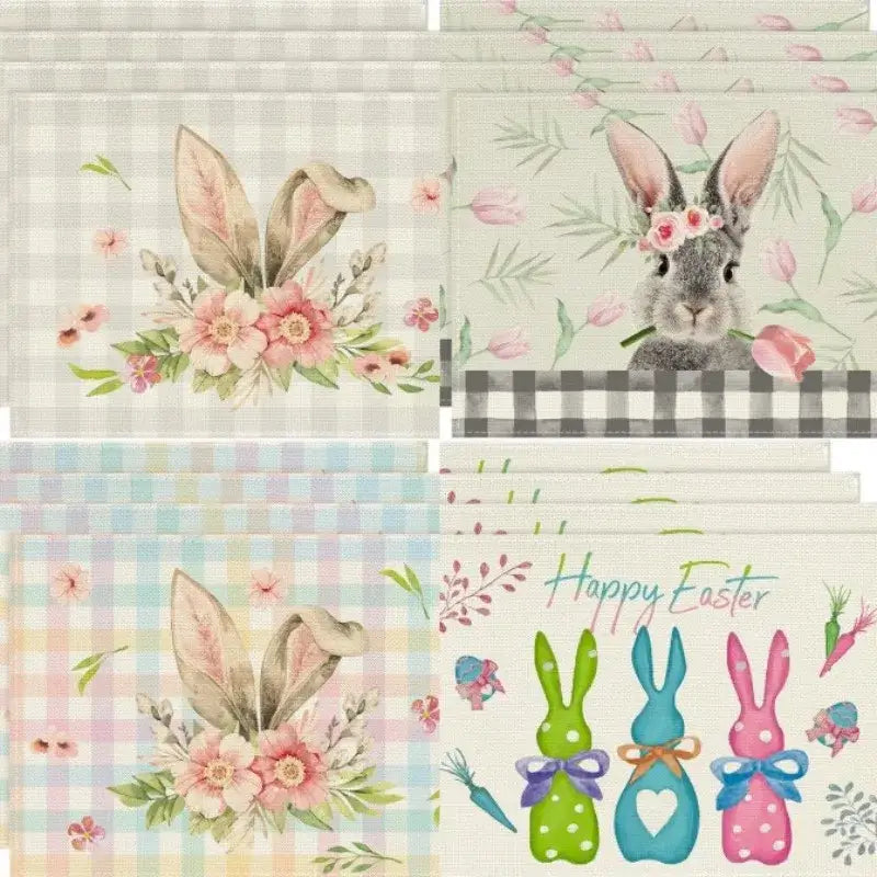 Set of Easter placemats with rabbit ears and floral patterns on pastel plaid backgrounds. Durable and festive for spring table decor.