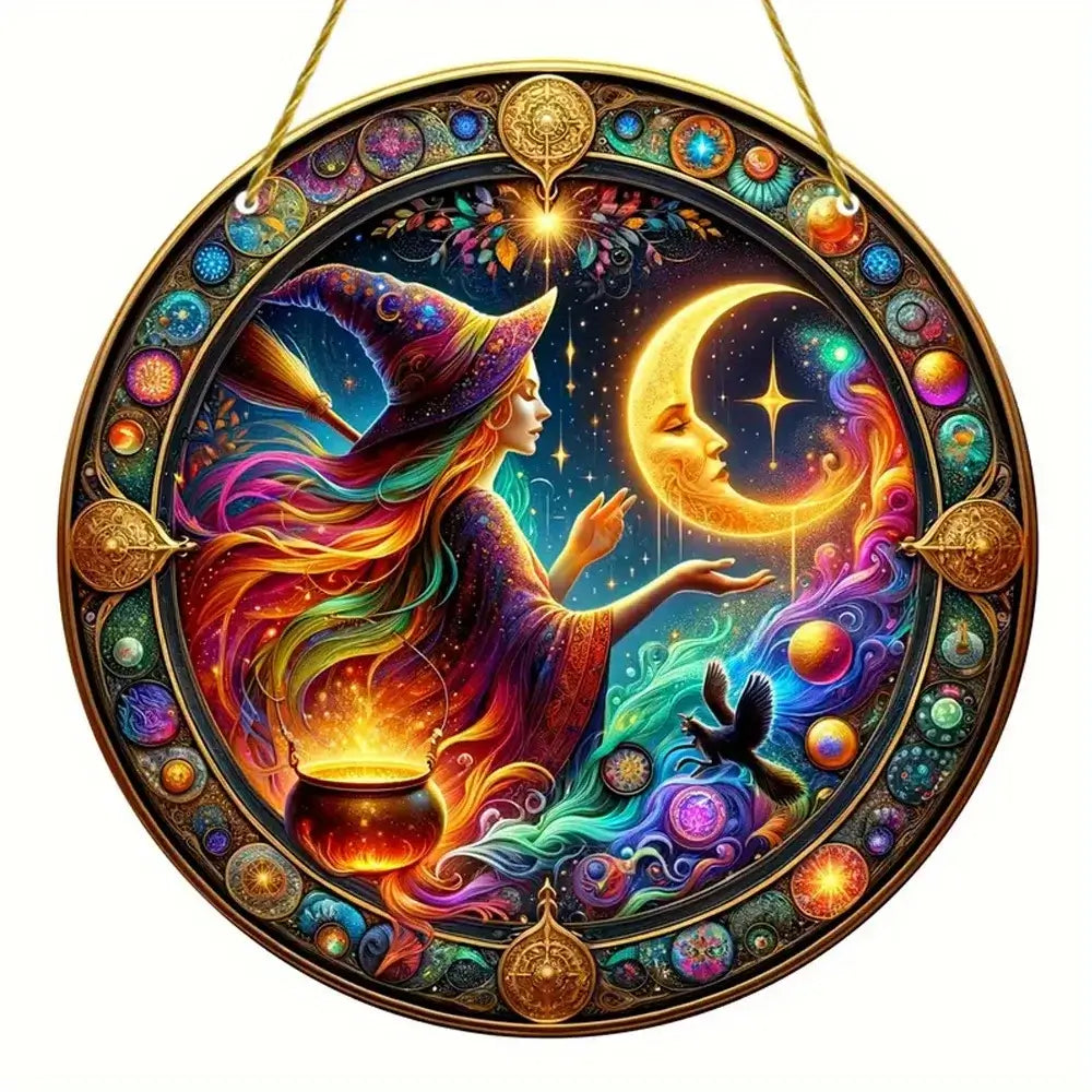 Vibrant witch and moon Halloween window decoration with magical elements and cauldron, ideal for festive seasonal decor.