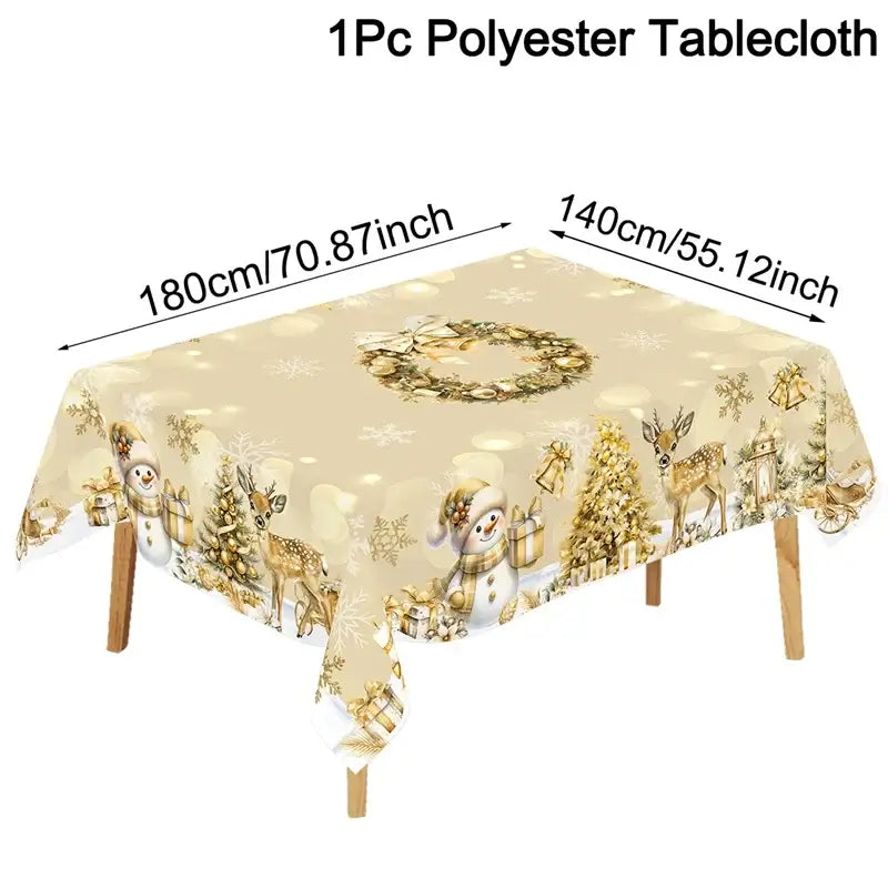 Rectangular golden Christmas tablecloth with snowman and elk print, 180x140cm. Durable polyester, ideal for festive table settings.