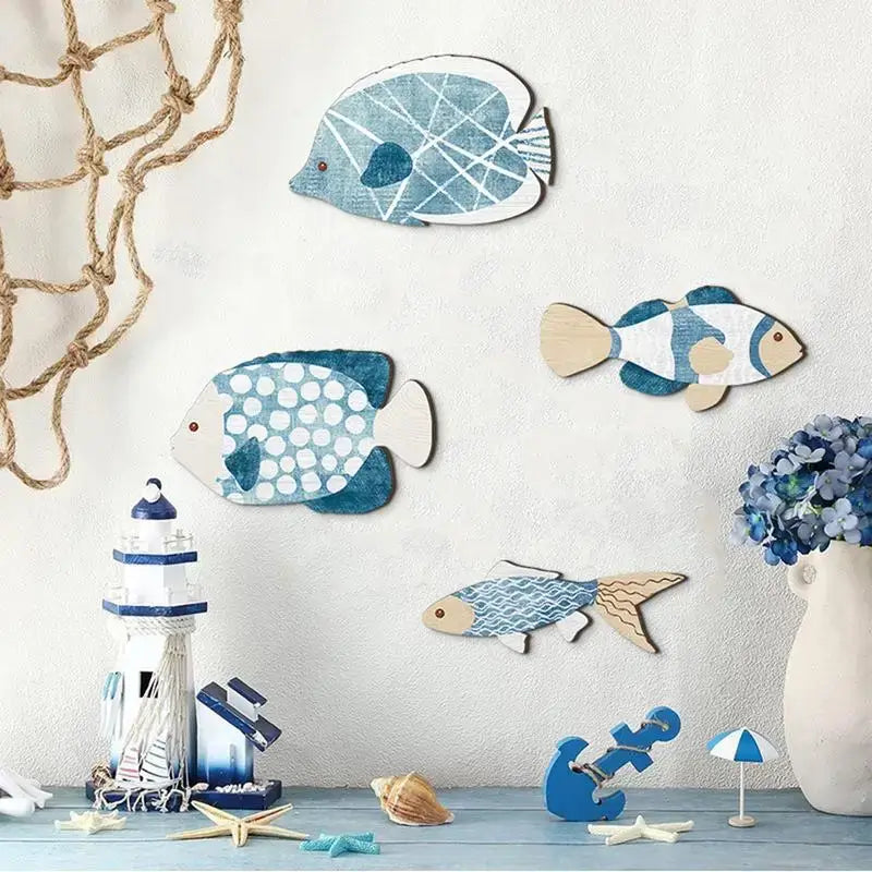 Wooden Nautical Fish Wall Sculpture set arranged on a white wall with marine decor, ideal for beach house or coastal-themed interiors.