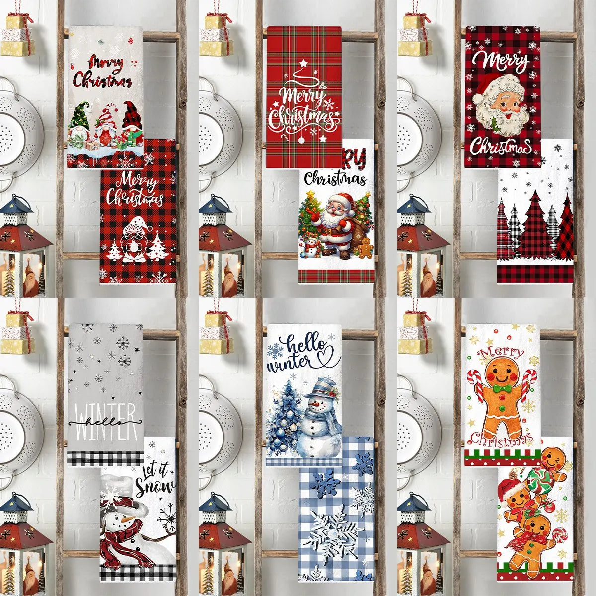 2pcs Christmas Kitchen Dishtowels featuring Santa and snowman designs with red plaid and festive text, ideal for holiday kitchen décor.