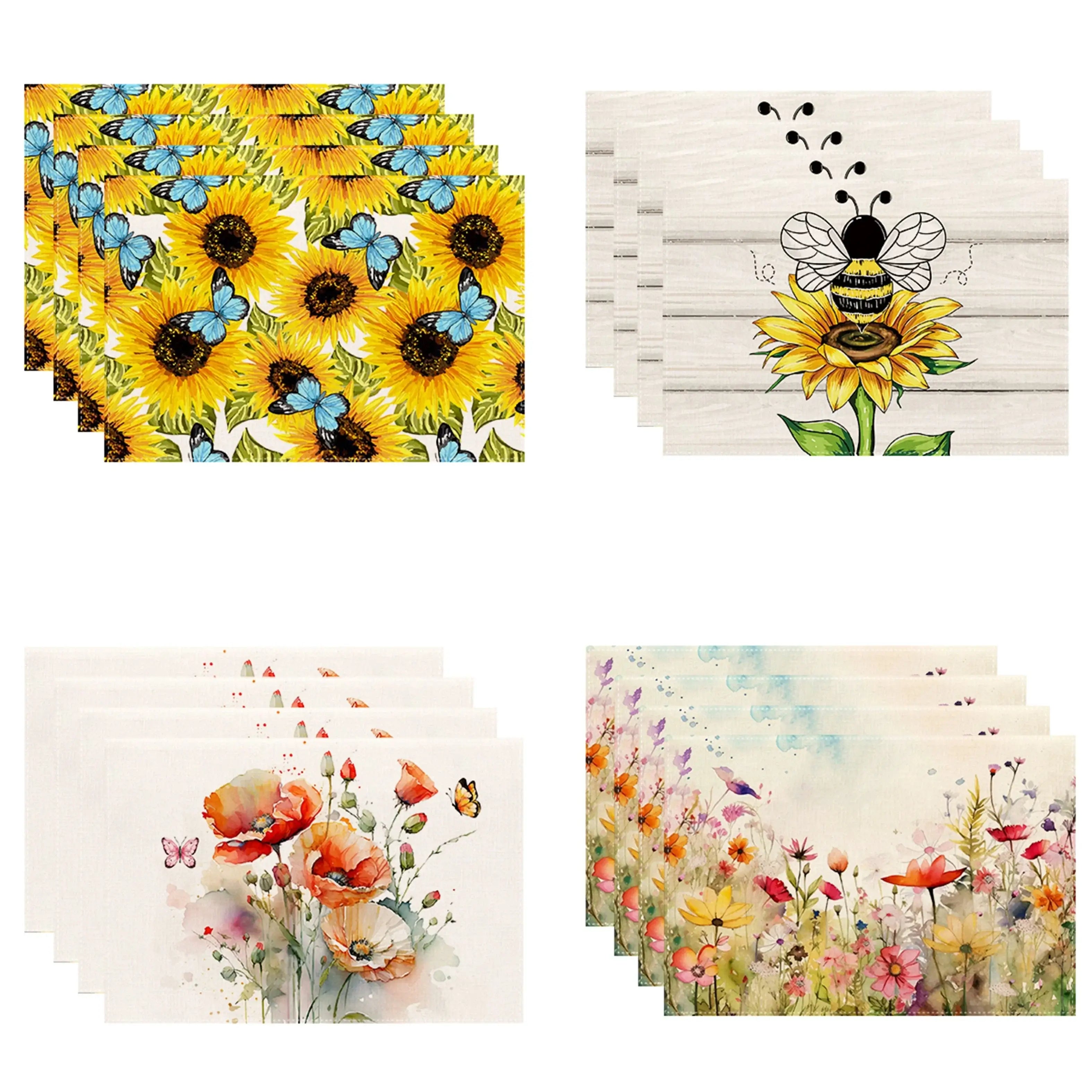 2pcs Linen Placemats Set with vibrant sunflower and butterfly prints, ideal for spring and summer table decor in home and garden settings.