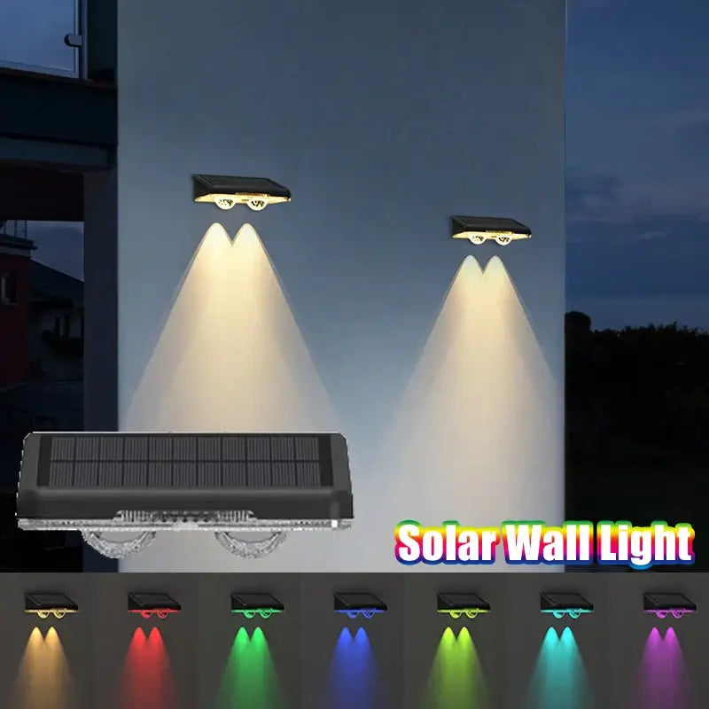 LED Solar Fence Lights Outdoor - Waterproof RGB wall lamps with dual spotlight beams and 7 color options for garden or pathway lighting.