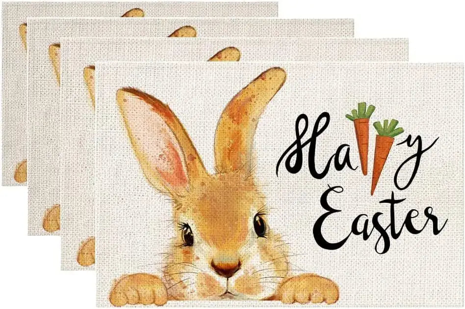 Easter placemats with a bunny peeking and 'Happy Easter' text with carrot illustrations. Fun and festive for holiday meals.