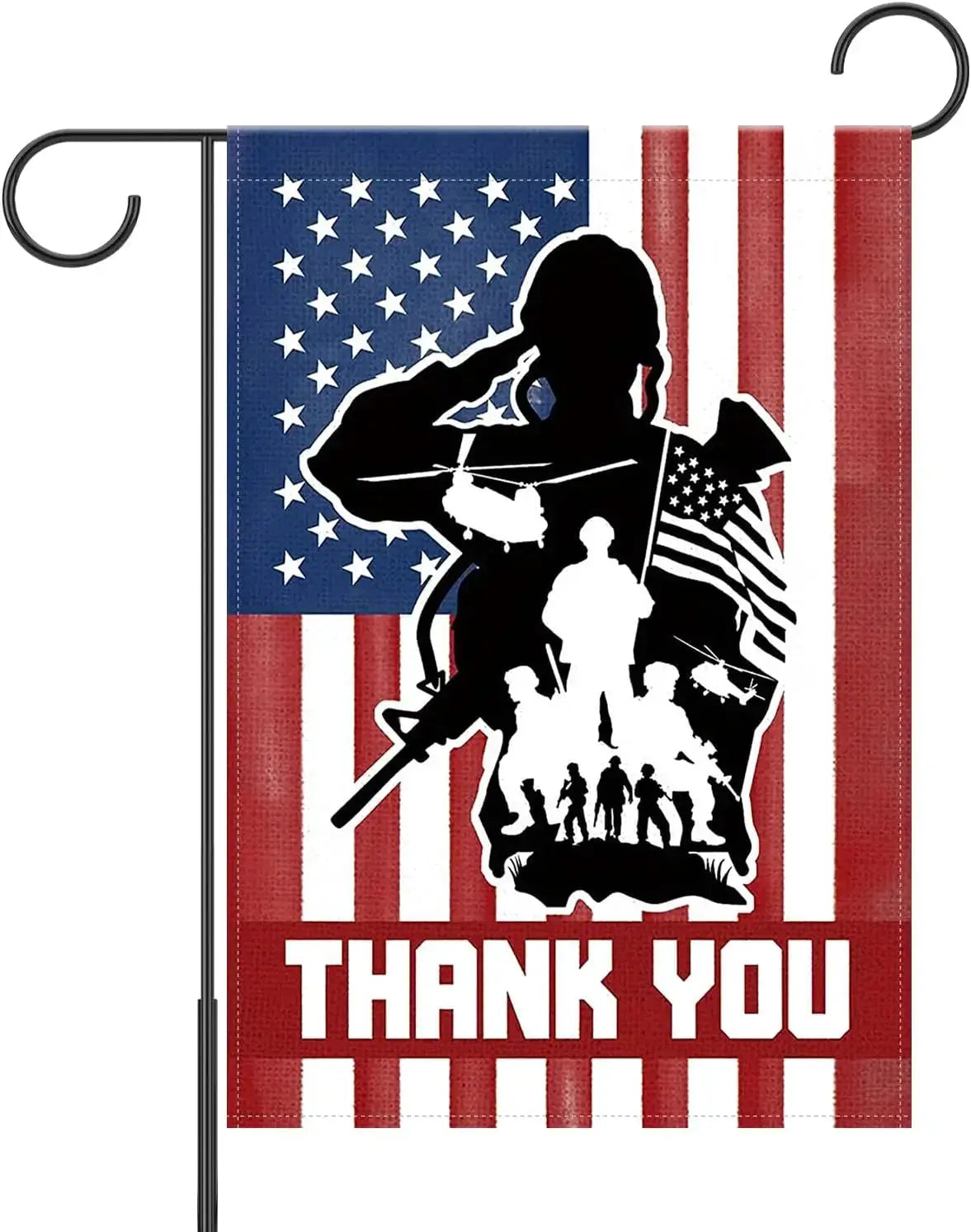 Memorial Day Flag 12x18 - Patriotic Garden features a double-sided design with a soldier silhouette, American flag, and 'Thank You' message.