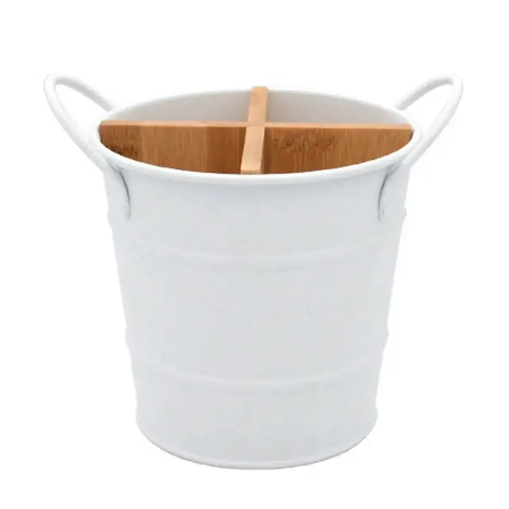 White Bamboo Cutlery Organizer - Divider & Metal Holder featuring a four-section bamboo divider for efficient utensil storage.