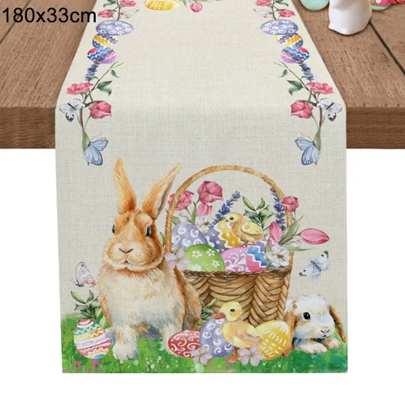Colorful Easter Bunny Table Runner with bunny, chicks, and egg basket design. 180x33cm linen runner ideal for spring celebrations.