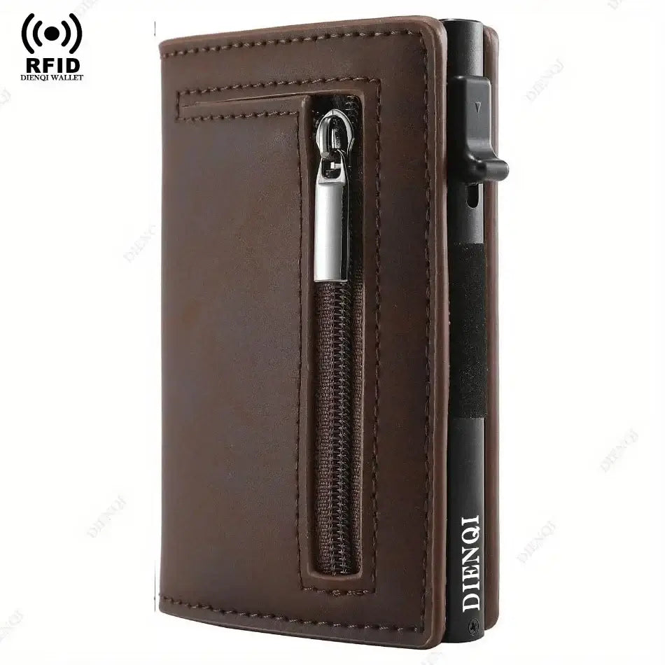 Brown RFID Credit Card Holder - Men's Wallets featuring front zipper, slim design, and pop-up card slot for organized everyday use.