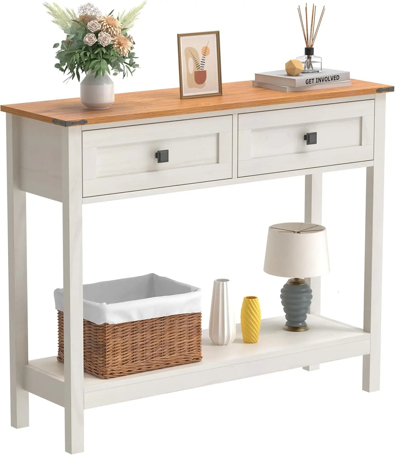 Console Table with 2 Drawer for Entryway decorated with vases and framed art. Slim and stylish table enhances entryway organization.