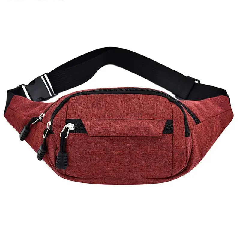 Red fanny bag waist pack with black zippers and adjustable strap, ideal for stylish hands-free convenience.