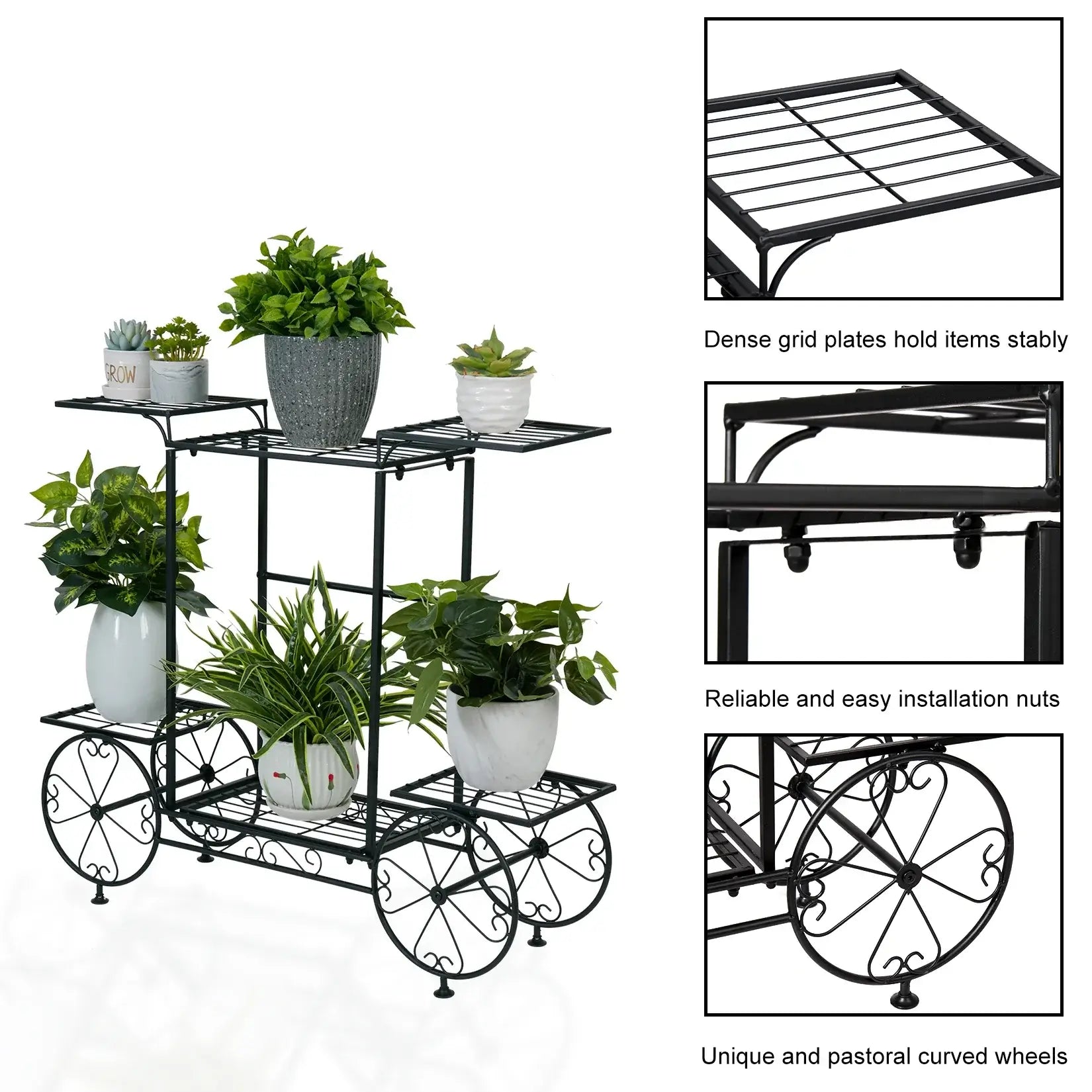6-tier metal garden cart with potted plants, showcasing sturdy design and unique curved wheels.