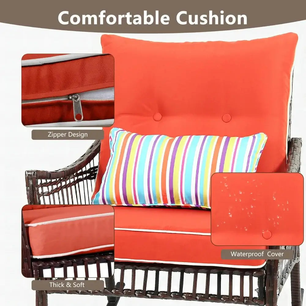 Comfortable red cushion with waterproof cover and zipper design, featured in the 3-piece patio rocking chair furniture set.