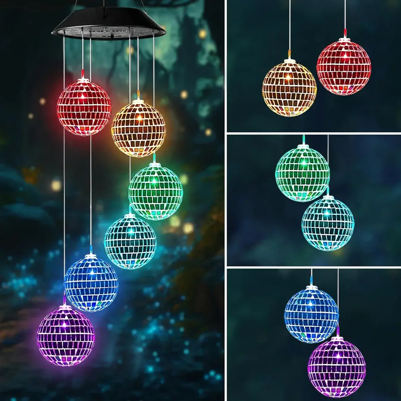 Colorful mirror ball-style solar wind chime lights with six glowing LED spheres, perfect for enhancing garden pathways.