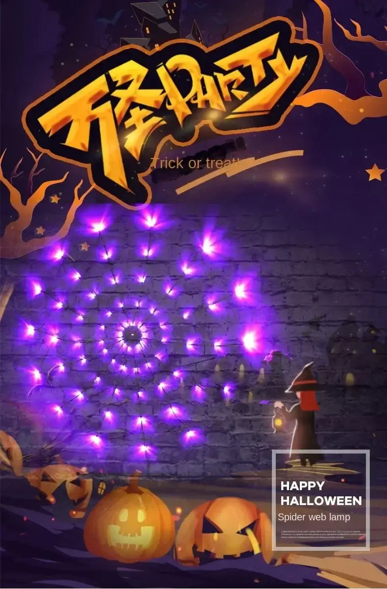 Halloween Ghost LED Light String glowing purple on a wall with cartoon pumpkins and witch, ideal for festive party decor.