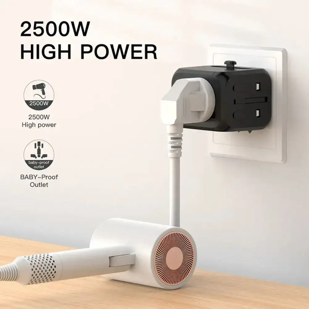 Universal Travel Plug Adapter with 2500W high power capacity and baby-proof outlet, compatible with EU/UK/US/AU sockets for safe device charging.