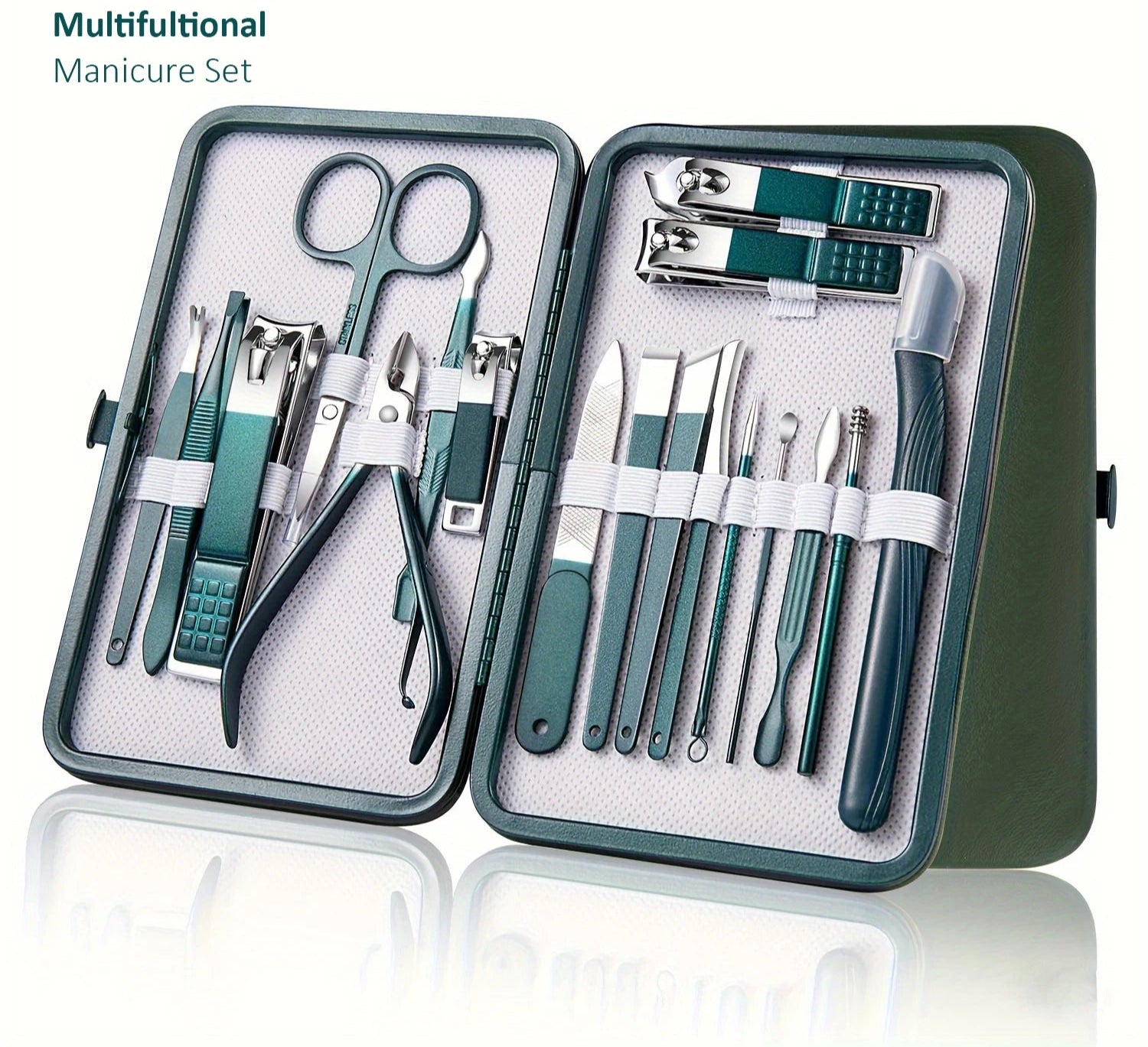 Nail Care Kit Stainless Steel - Portable Set with 18 manicure and pedicure tools in a green travel case. Ideal for personal grooming and nail care.