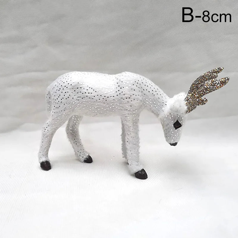 Single 8cm white Deer Reindeer Figurine - Table Miniature with glitter and gold antlers, ideal for small holiday decorations.