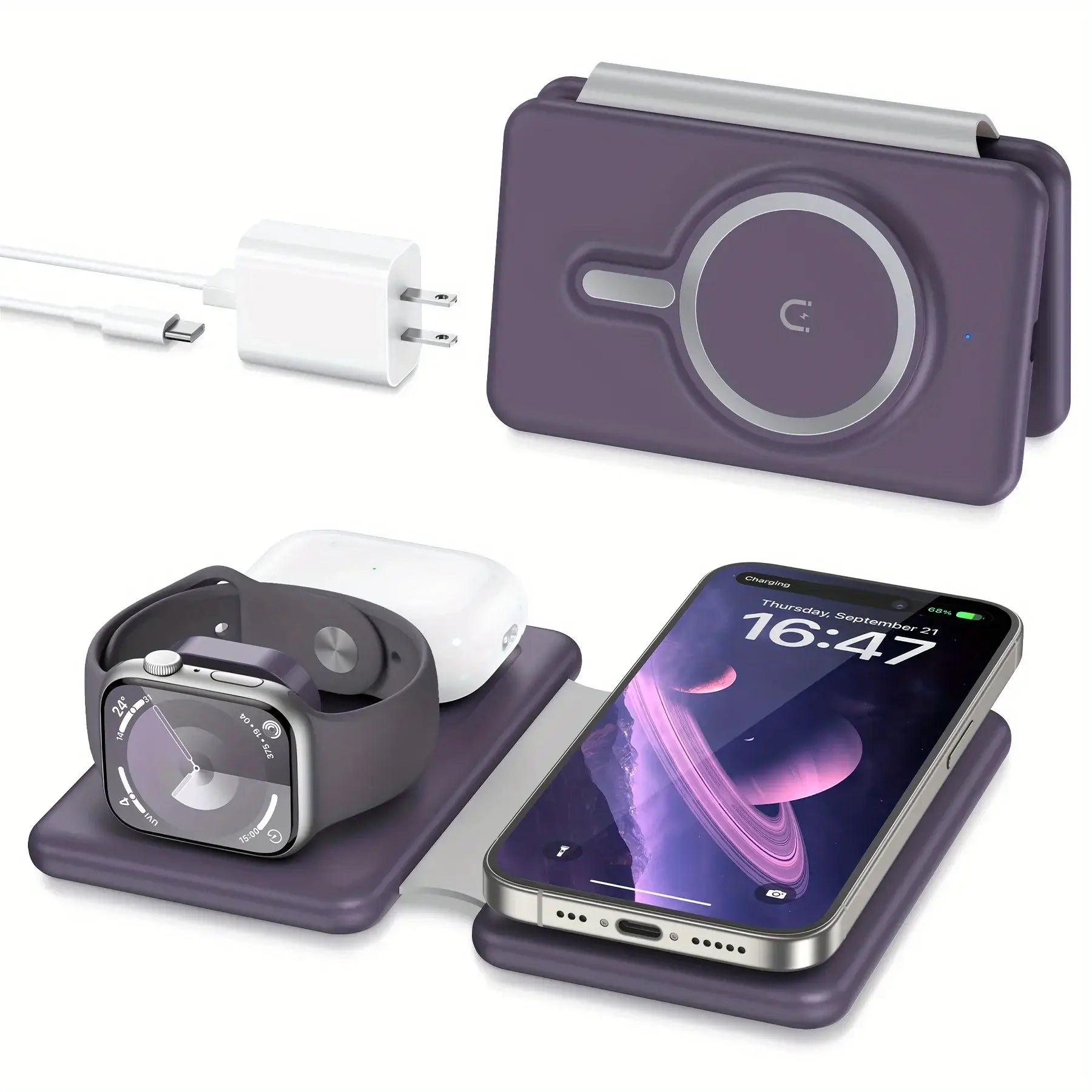 Purple 3-in-1 Cell Phone Wireless Charger with Apple MagSafe charges iPhone, Apple Watch, and AirPods in a sleek compact design.