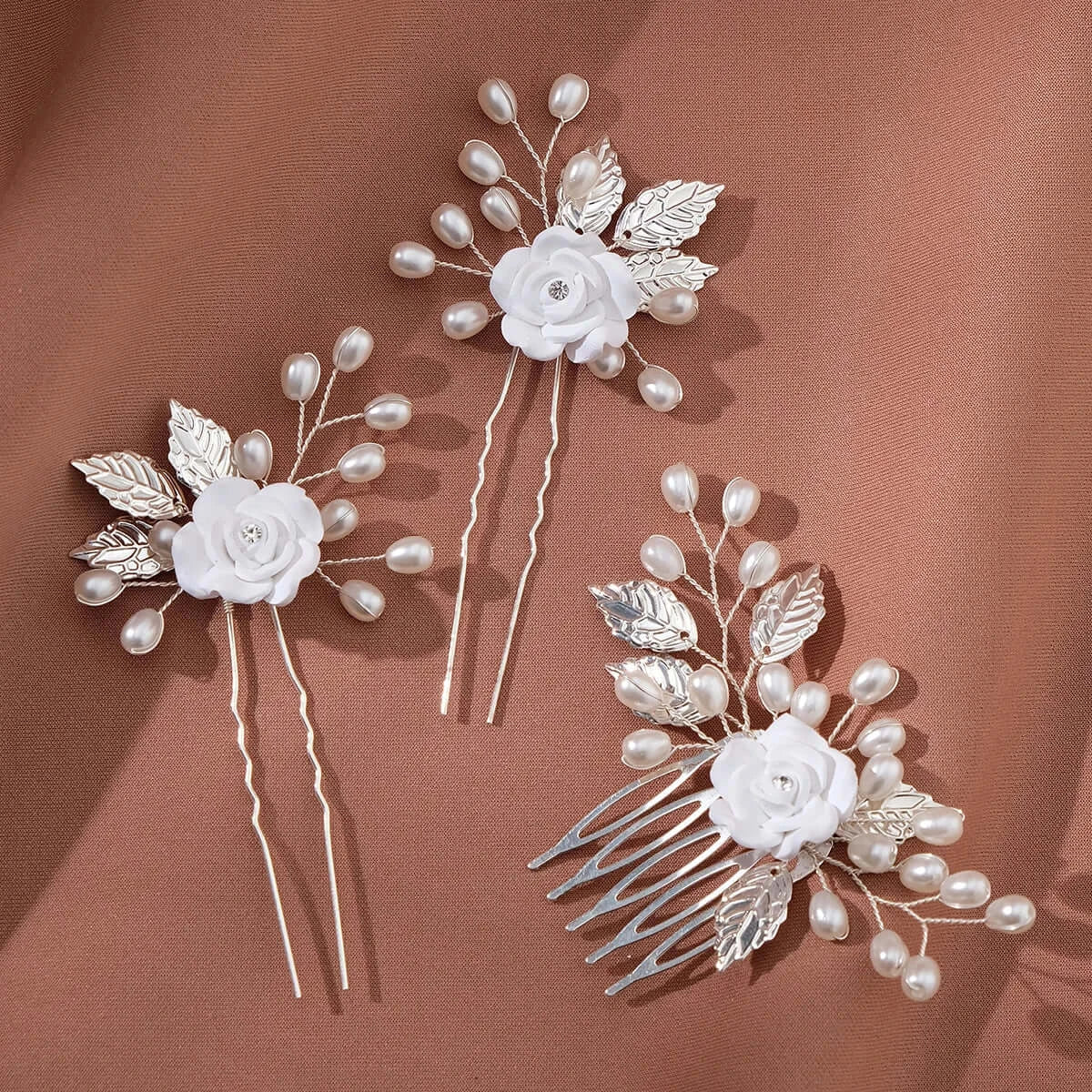 White 3PK Handmade Flower Hair Pin Set with silver leaves and imitation pearls, perfect for bridal hairstyles or elegant occasions.