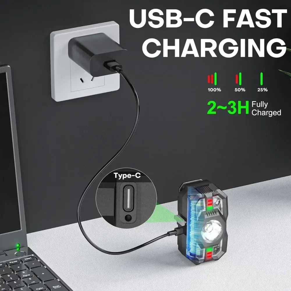 USB-C fast charging for Rechargeable Motion Sensor Headlamp with LED light. Fully charges in 2–3 hours for extended use during outdoor or repair tasks.