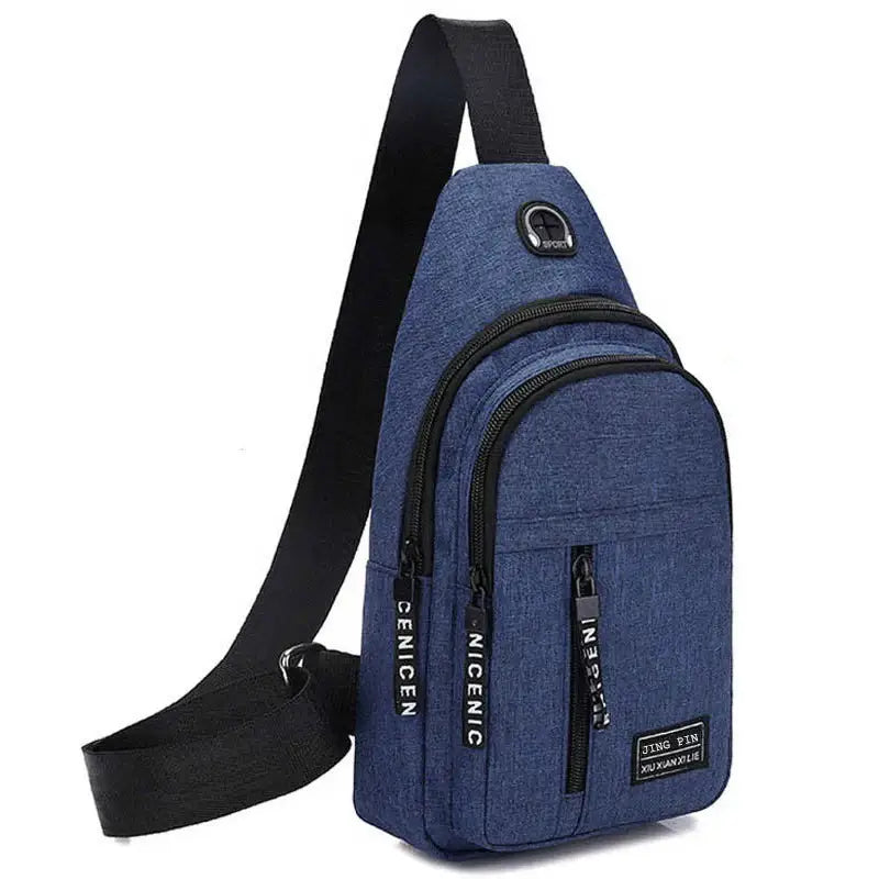 Blue multifunctional crossbody shoulder bag with dual front zippers and headphone port, designed for convenience and style.